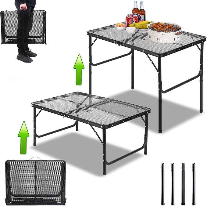 Large Folding Grill Table Portable for Outside Camping 3×2 ft, Oversized Foldable Table 27 Inch Height Adjustable Outdoor for BBQ Barbecue Picnic Lightweight Aluminum Alloy Multipurpose (Mesh Desktop)