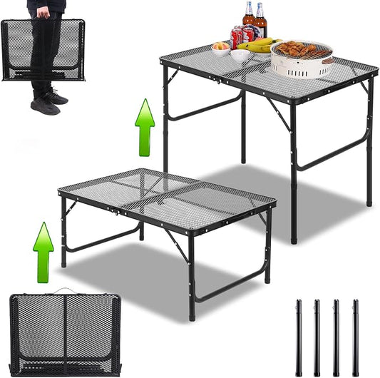 Large Folding Grill Table Portable for Outside Camping 3×2 ft, Oversized Foldable Table 27 Inch Height Adjustable Outdoor for BBQ Barbecue Picnic Lightweight Aluminum Alloy Multipurpose (Mesh Desktop)