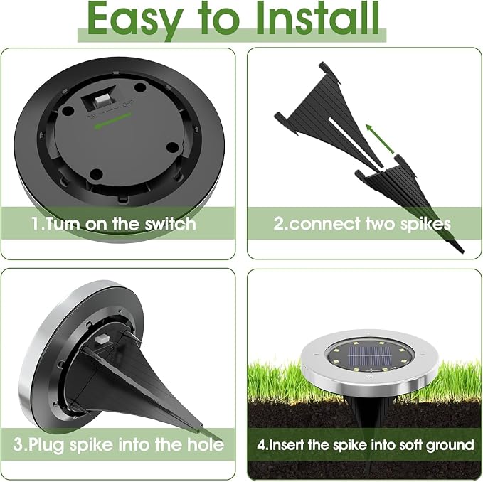 INCX 16 Pack 4.6 Inch Solar Ground Lights Outdoor, Waterproof, Cold White | 8 LEDs, 600mAh Ni-MH battery, 8-10 hr runtime, stainless steel and ABS body, garden lights for pathways, lawns and driveways