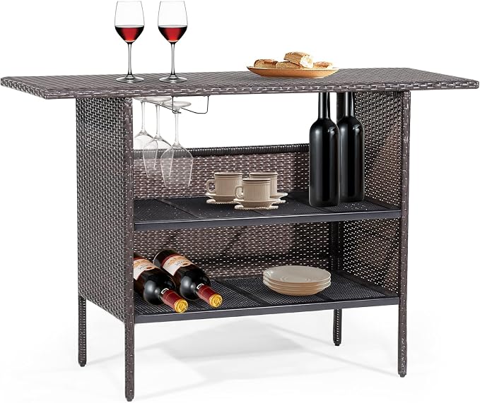 S AFSTAR Patio Rattan Bar Table, Outdoor Rattan Wicker Bar Counter Table with 2-Tier Metal Shelf & Steel Stemware Rack, Heavy-Duty Steel Frame, Waterproof Brown Rattan Table for Poolside, Backyard