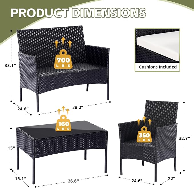Patio Furniture Set 4 Pieces Conversation Sets Outdoor Wicker Rattan Chairs Garden Backyard Balcony Porch Poolside Loveseat with Soft Cushion and Tempered Glass Table(Black)
