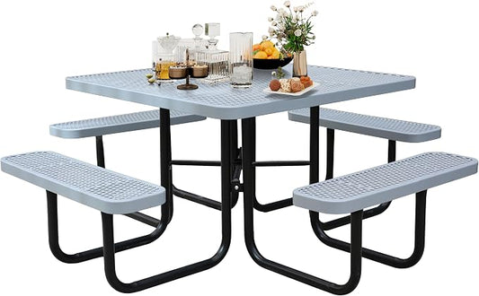 46Inch Square Picnic Table for 8 Person, Outdoor Heavy Duty Sturdy Picnic Tables with 4 Benches & Umbrella Hole, Commercial Metal Patio Picnic Table for Garden, BBQ, Coffee Store, Party, Porch (Grey)