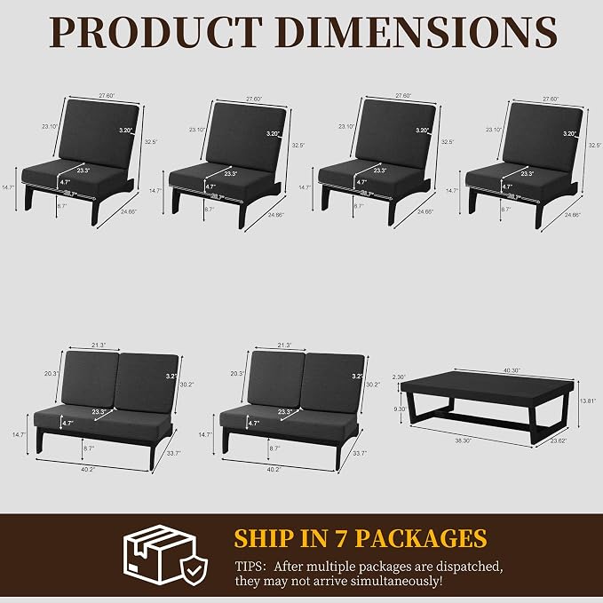 7 Pieces All Weather Black Wood Patio Furniture Sets, 2 Patio Loveseat, 4 Patio Bistro Chair, Outdoor Sectional Sofa Furniture Backyard Conversation Set with Coffee Table - Dark Gray