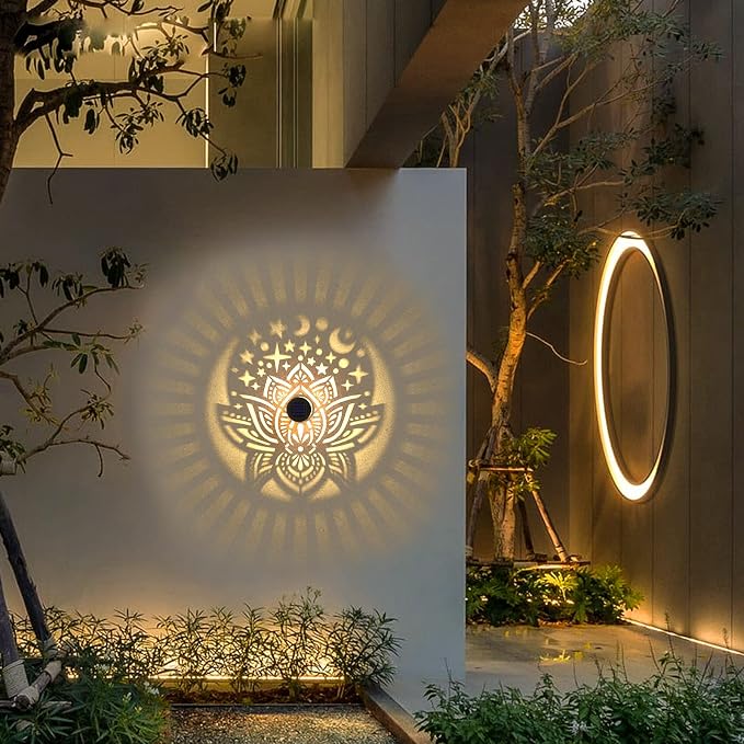 gardencave 4 Pack Solar Fence Lights Metal Solar Powered Outdoor Wall Deck Lights Lotus Theme Waterproof Fence Light for Garden Post Patio Backyard Yard Decor (Lotus, 4 Pack)