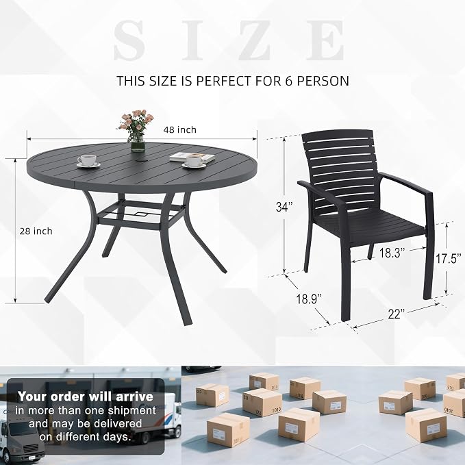 Outdoor Patio 48" Round Table and Aluminum Chairs Dining Set 7 for 6 Person | Aluminum Frame Chairs, Resin Chair Seat, Resin Chair Back, 6 Piece Stackable Chairs, 1 Piece Black Metal Table, 6 Person Set