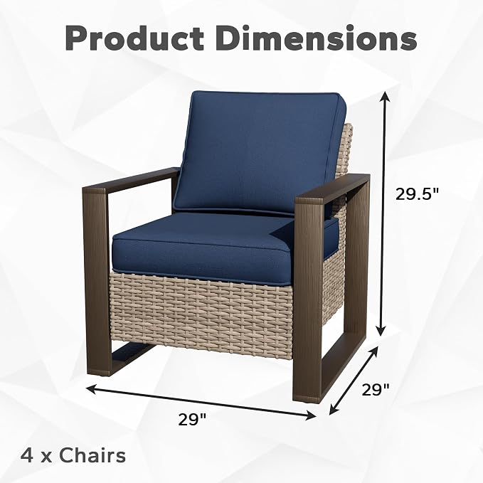 Joyside Outdoor Patio Chairs Set, 4 Pieces Wicker Rattan Chairs with Metal Wide Armrest, Thick Cushions and Deep Seating for Garden, Backyard, Porch, Deck