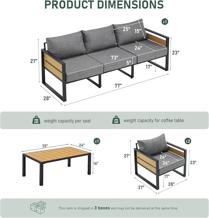 Furnimart Patio Furniture Set, 4-Piece Metal Outdoor Sectional, 5-Seat Patio Conversation Set with Deep Seating, Thick Cushions & Coffee Table for Backyard, Porch & Deck, Gray