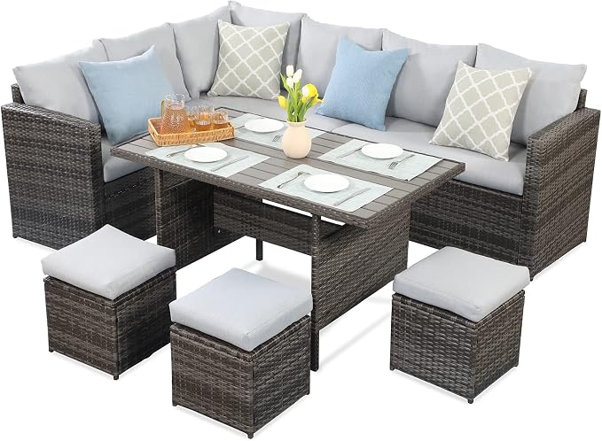 Wisteria Lane Patio Furniture Set - 7 Piece Wicker Rattan Outdoor Dining Set with Table, Chairs, Ottomans, Sectional, Grey