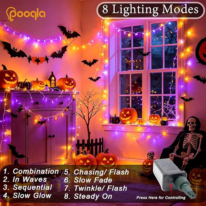 200 LED Orange Purple Halloween Lights Outdoor String Lights, 66 ft | Green Wire Waterproof Twinkle Fairy Lights with Timer, 8 Modes Connectable String Lights Indoor Halloween Decorations