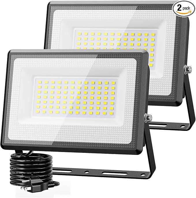 Olafus 2 Pack 90W LED Flood Light Outdoor, 9000LM Super Bright LED Work Lights Plug in, 6500K IP66 Waterproof Exterior Floodlight for Yard Lawn Garden