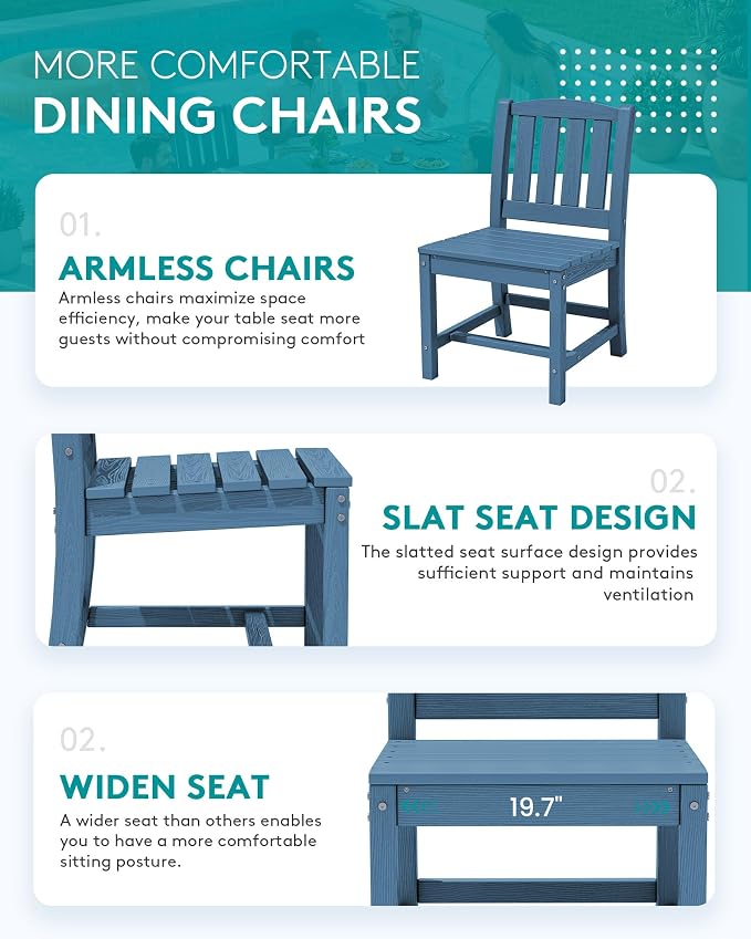 SERWALL Outdoor Patio Dining Set for 6, Blue | 60" - 83" Expandable Outdoor Dining Table and 6 HDPE Chairs, All Weather Material Outdoor Furniture Set Backyard, Garden