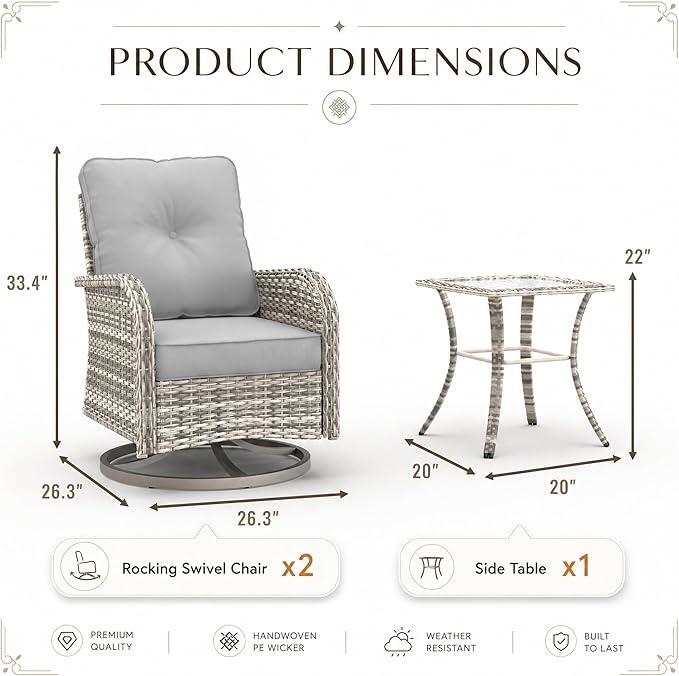 3-Piece Small Patio Furniture Set, Outdoor Swivel Rocking Chairs Set with Wicker Chairs and Tempered Glass Side Table, Outdoor Furniture Patio Bistro Set for Balcony, Deck, Porch