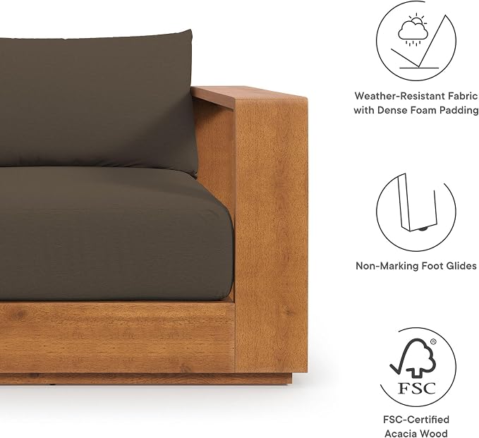 Modway Tahoe Acacia Wood 3-Piece Outdoor Patio Furniture Set in Natural Cocoa - Includes 2 Lounge Chairs with Weather-Resistant Cushions and Side Table