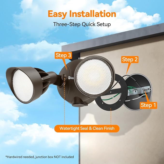 45W 5500LM Outdoor Flood Lights, Dual Head Wall Switch Controlled LED Exterior Flood Light, 5000K Daylight, IP65 Waterproof Hardwired Security Light for Outside Garage Yard (Brown)