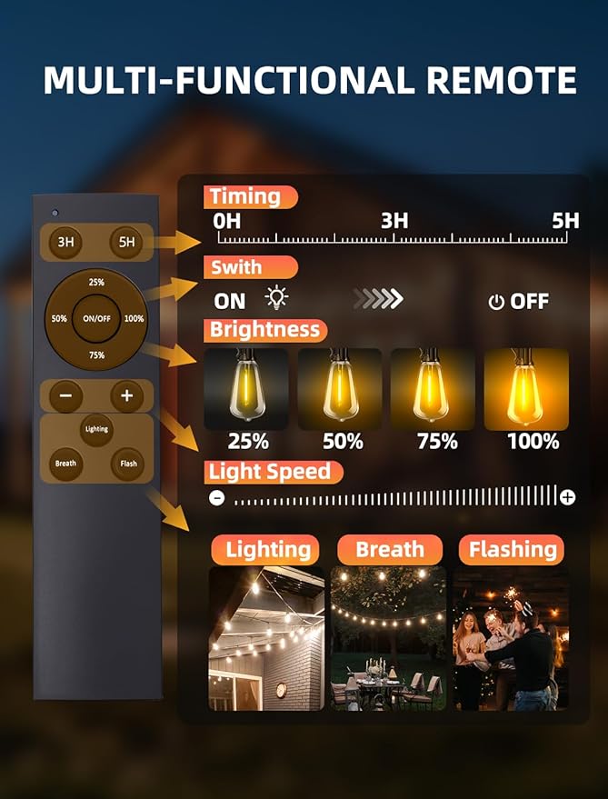 Outdoor Patio String Lights: S14 Shatterproof Bulb Outside Waterproof Light - 100FT 30M Remote Dimmable Connectable Hanging Outdoor Electric Lighting - Garden Backyard Yard Gazebo Porch Party