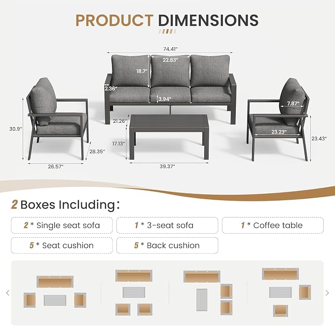 4-Piece Aluminum Patio Conversation Sets All-Weather Sectional Outdoor Furniture Set with Coffee Table & Cushions with Removable Covers for for Backyard, Garden and Poolside Easy Assembly(Gray)