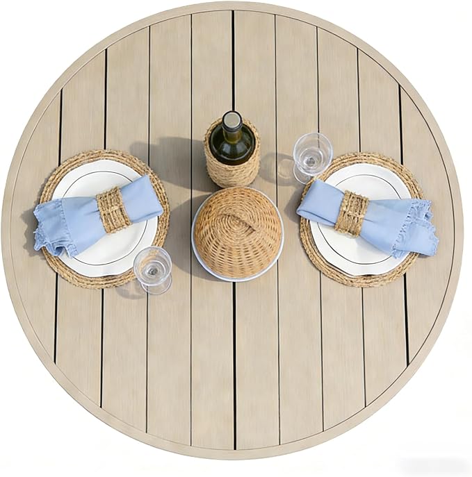 All-Weather 47" Round Outdoor Patio Table for 6, Metal Ivory Dining Table with Adjustable Umbrella Hole, Garden, Backyard & Deck Bistro Table