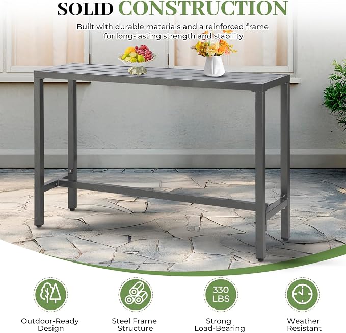 Outdoor Patio Counter Height Bar Table, 63" Rectangle for Patio, Garden, Yard, Balcony, Poolside