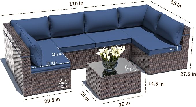 Outdoor Patio Furniture Set, 7 Pieces Outdoor Sectional Furniture Patio Sofa, All-Weather PE Rattan Patio Conversation Set with Tempered Glass Top Table & Cushions(Navy Blue).