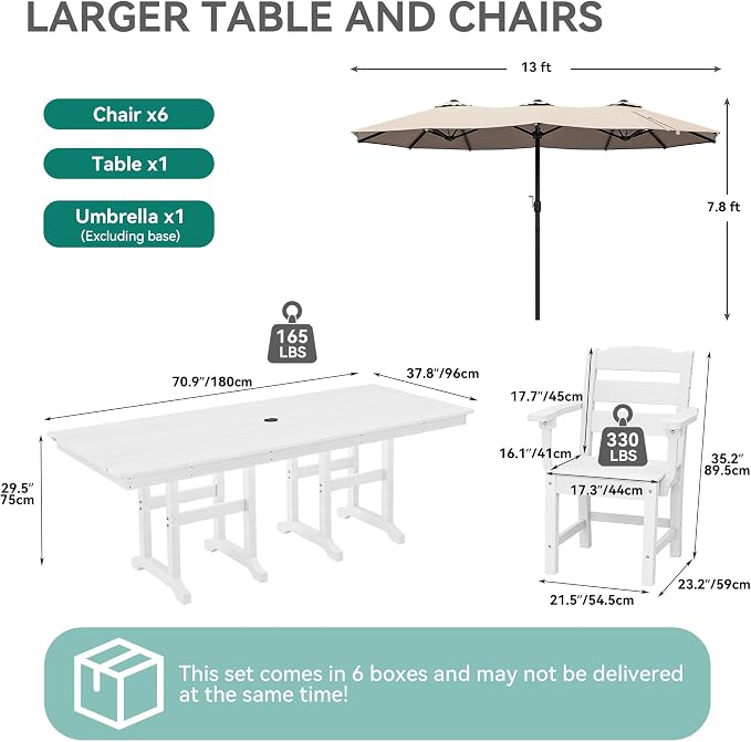 YITAHOME 8-Piece Patio Dining Set with 13ft Double-Sided Umbrella, Outdoor Rectangular Table and 6 Chairs, 71"x38" All-Weather HIPS Furniture Set for Garden, Deck, Lawn - White