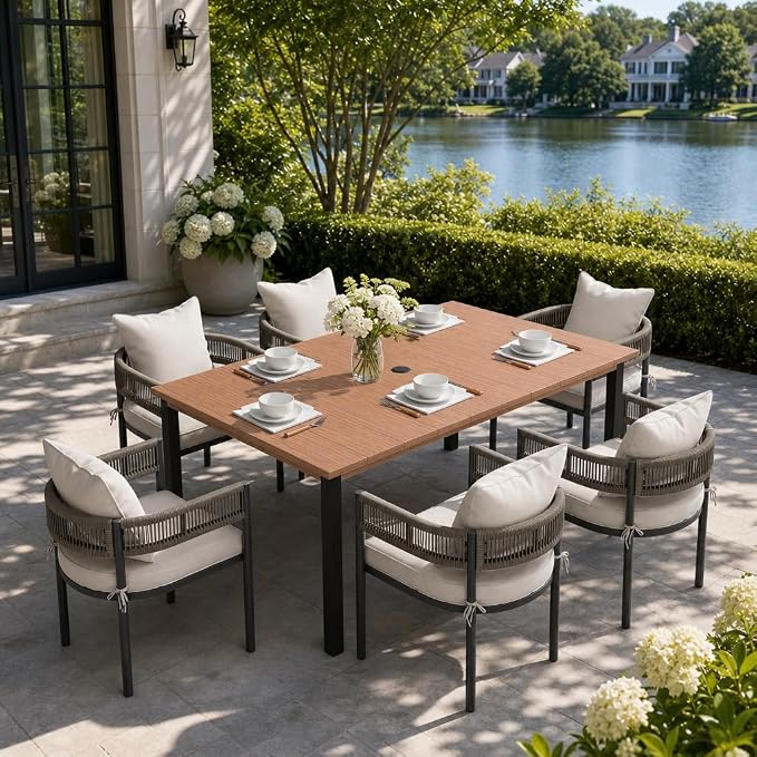 VICLLAX Patio Dining Set, 63" Walnut Table & 6 Chairs with Wheat Cushion | Outdoor Table and Chairs Set of Rectangular Metal Patio Table, Outdoor Dining Chairs with Metal Frame, Garden Deck Porch