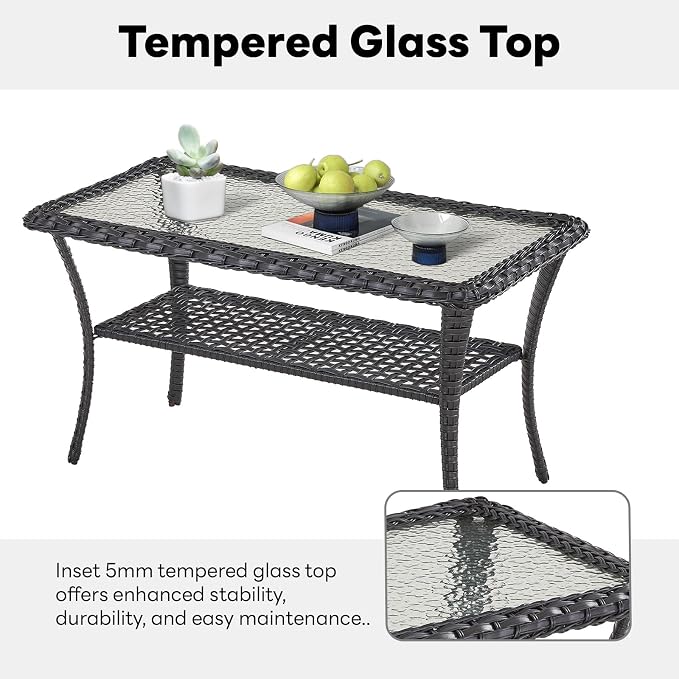 Belord Outdoor Coffee Table for Patio - 40 Inch Rattan Patio Coffee Table with 2-Layer Storage, Rectangular Tempered Glass Outdoor Wicker Table for Porch Balcony Deck Brown