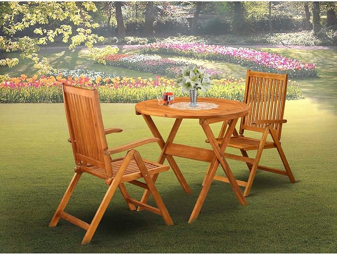 East West Furniture MNCN3C5NA 3 Piece Outdoor Conversation Bistro Set Contains a Round Acacia Wood Coffee Table and 2 Folding Adjustable Arm Chairs, 30x30 Inch, Natural Oil