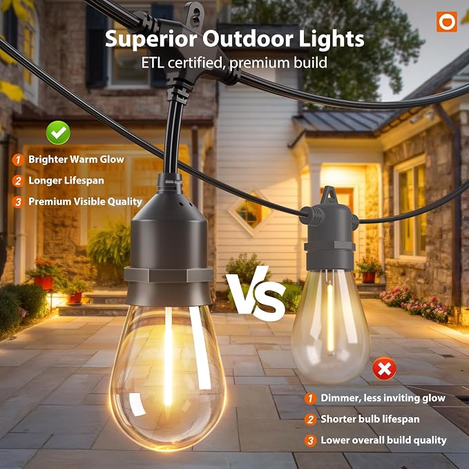 addlon 100FT Outdoor String Lights with Remote Dimmable Waterproof Patio | 50 Warm White Edison Bulbs, Heavy Duty Shatterproof Hanging Strand for Outside Backyard Porch Garden Bistro Pergola Party