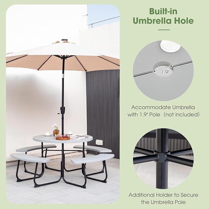 Round Picnic Table for Outdoors, 8 Person Outdoor Picnic Tables & Benches Set with Umbrella Hole, HDPE Tabletop & Metal Frame, 2000 LBS Capacity Table Bench Set for BBQ, Garden, Lawn, Patio