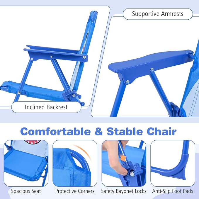 KOTEK Kids Picnic Table with Umbrella, Outdoor Table & 2 Folding Chairs, Cute Pattern Children’s Patio Furniture, Portable Kids Table and Chair Set for Backyard, Garden, Beach (Blue Shark)