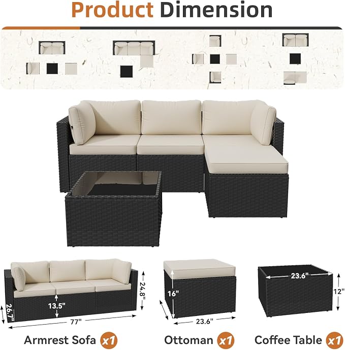 Aoxun Patio Furniture Set 5-Piece, Outdoor Sectional Sofas with Washable Cushion, Wicker Rattan Patio Conversation Sets for Backyard Porch and Poolside, Beige