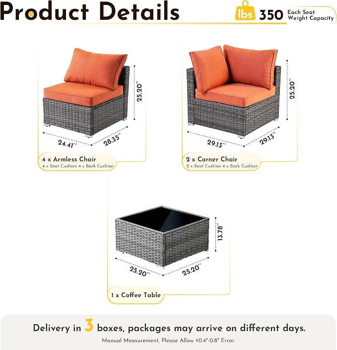 Weaxty 7 Pieces Outdoor Patio Furniture Set,Wicker Sectional Sofa Couch with Thicken Cushion and Glass Coffee Table,All Weather Rattan Patio Conversation Sets for Porch,Poolside,Backyard,Orange Red
