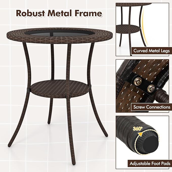 25.5" Round Patio Bistro Table w/Storage Shelf, PE Wicker Coffee Table w/Tempered Glass Top and Metal Legs, Outdoor Side Table for Garden, Balcony, Porch, Backyard