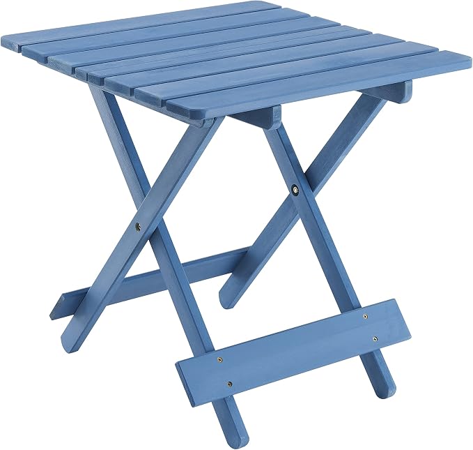 IRONORA Blue Solid Acacia Wood Folding Patio Side Table, Slatted Portable Outdoor End Table, Foldable Small Wooden Accent Table for Backyard Pool Balcony Beach Camping Indoor Use