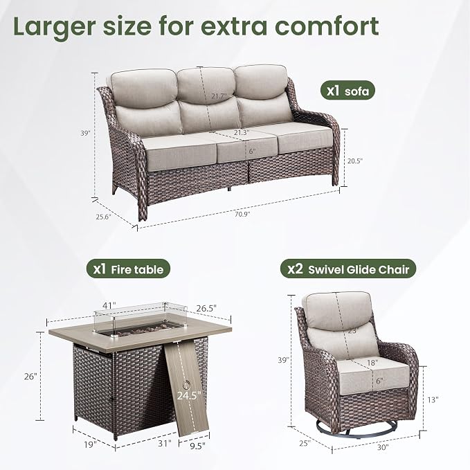 Luxury Patio Furniture Set with 6-inch Thick Cushion, Outdoor Furniture with Fire Pit Table, Swivel Chairs, Sofa, 4pcs Wicker Conversation Set for Deck Yard and Poolside(Brown Wicker | Beige Cushion)