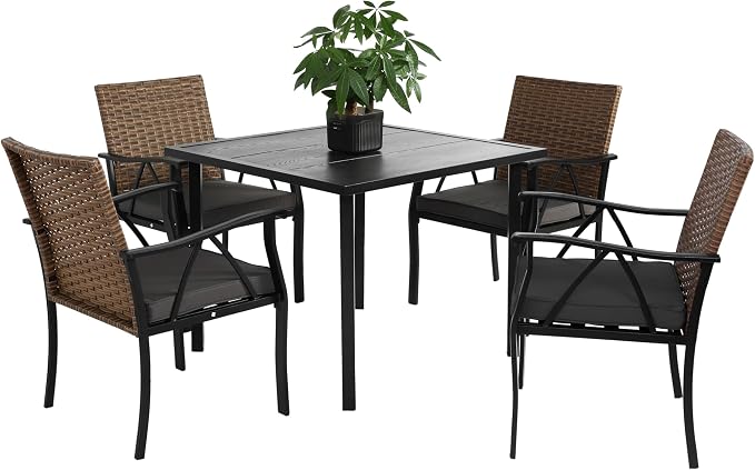 GDFStudio 5-Piece Outdoor Wicker Dining Set, Patio Table and Chairs for 4 with Square Steel Tabletop & Umbrella Hole, Cushioned Rattan Conversation Set for Backyard, Deck, Balcony, Porch,Brown & Grey