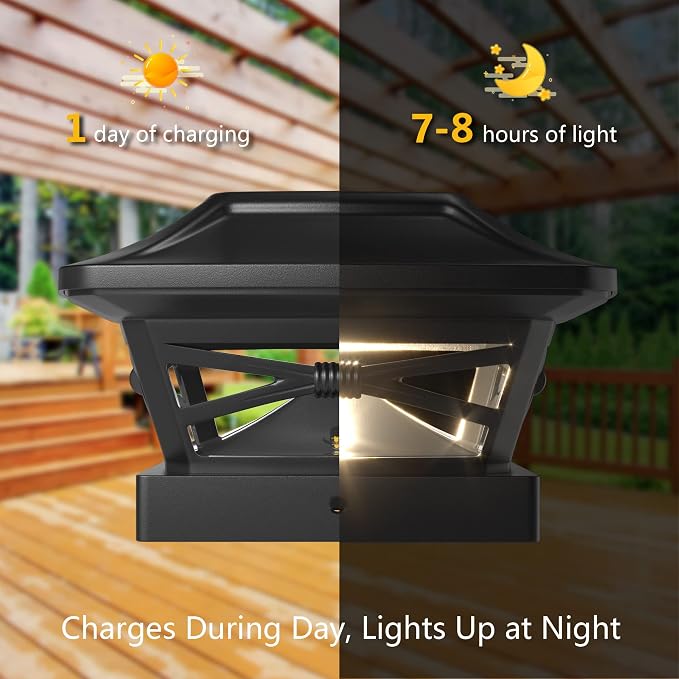 Davinci Renaissance Solar Outdoor Post Cap Lights, 4x4 5x5 6x6, Bright, 4PK | Slate Black, fence/deck/garden/patio posts, UV fade-protected plastic, auto-on, 7-8h runtime, cordless, IP44, 25lm warm white