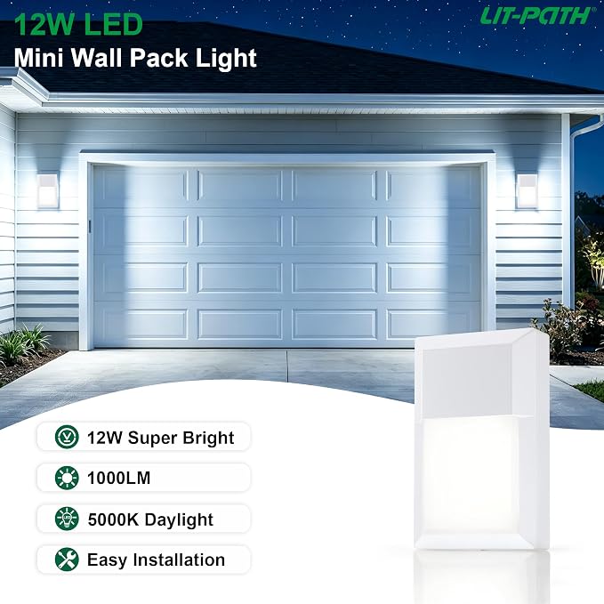 Outdoor Porch Light, LED Wall Sconce, Rustproof Aluminum | Modern Exterior Wall Light Fixture for House, Patio, Garage, 12W 1000 Lumen, Waterproof, 5000K, White, 2 Pack