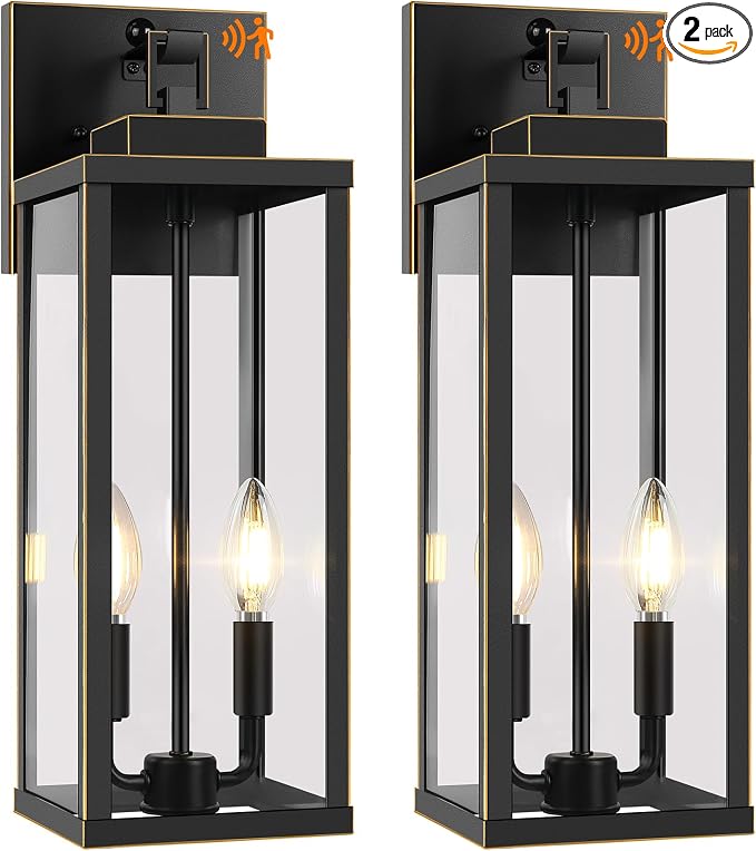 2-Pack 18” Large Motion Sensor Outdoor Wall Lights, Bronze | Auto ON/OFF, 3 Lighting Modes, Waterproof, Rust-Resistant, Durable Metal with Clear Glass, Dual E12 Sockets, Easy to Install