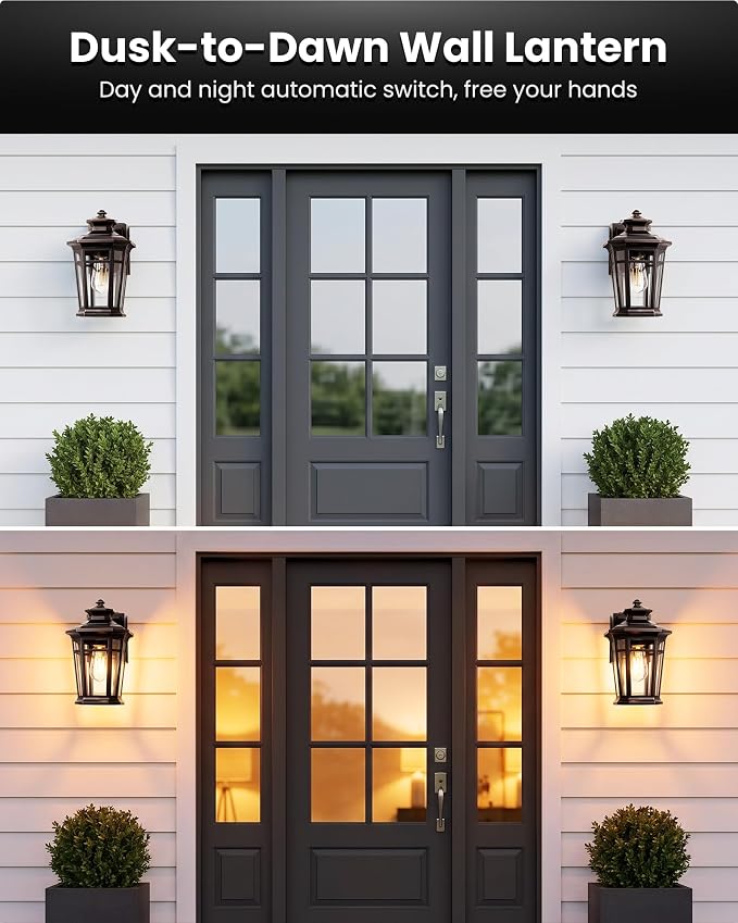 Gleamz Large Exterior Lighting Fixtures with GFCI Outlet, Oil Rubbed Bronze Dusk to Dawn Outdoor Lighting, Outdoor Porch Light for House, Garden, Doorway, Garage, Waterproof, Anti-Rust