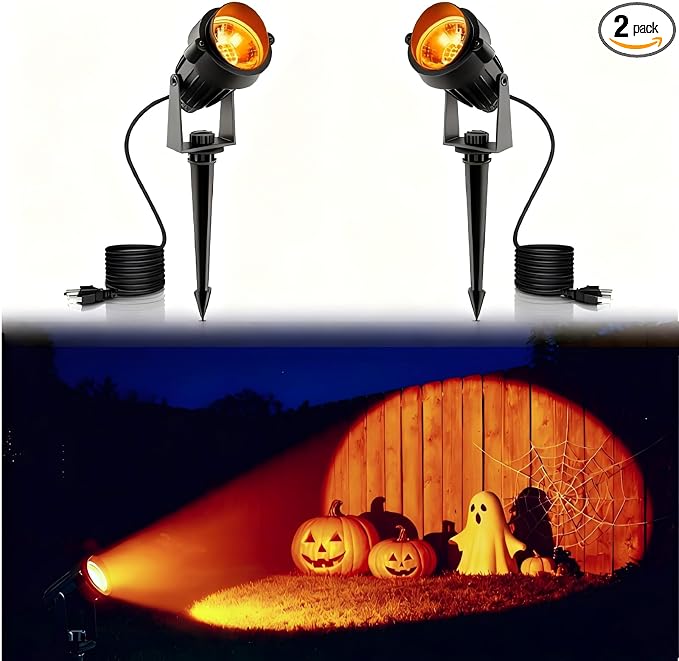 L LOHAS LED Orange Halloween Outdoor Spotlight 5W Dusk to Dawn 2 Pack | Orange Halloween Outdoor Lighting with Auto On/Off Control, Landscape Spotlights for Holiday, Tree and Yard Decoration