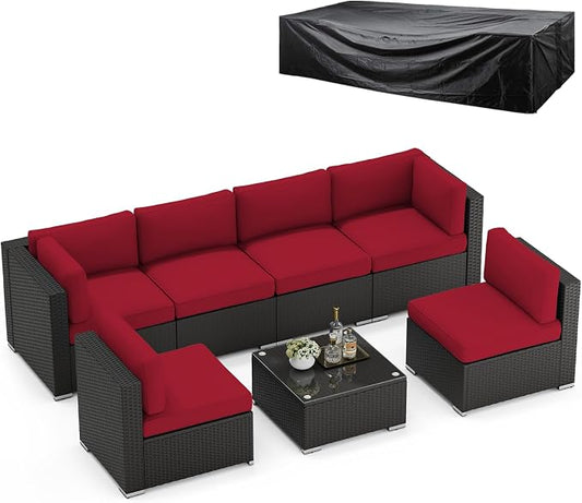 SUNCROWN 7-Piece Outdoor Patio Furniture Sofa Set All-Weather Wicker Sectional Conversation Set with Modern Glass Coffee Table, Cushions and Waterproof Cover,Red
