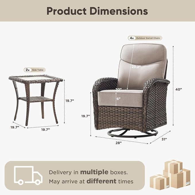 HUMMUH 4PCS Outdoor Swivel Rocker Patio Chairs with 6-inch Thick Cushion, Luxury High Back Patio Furniture Set,Wicker Conversation Set for Deck Yard and Poolside