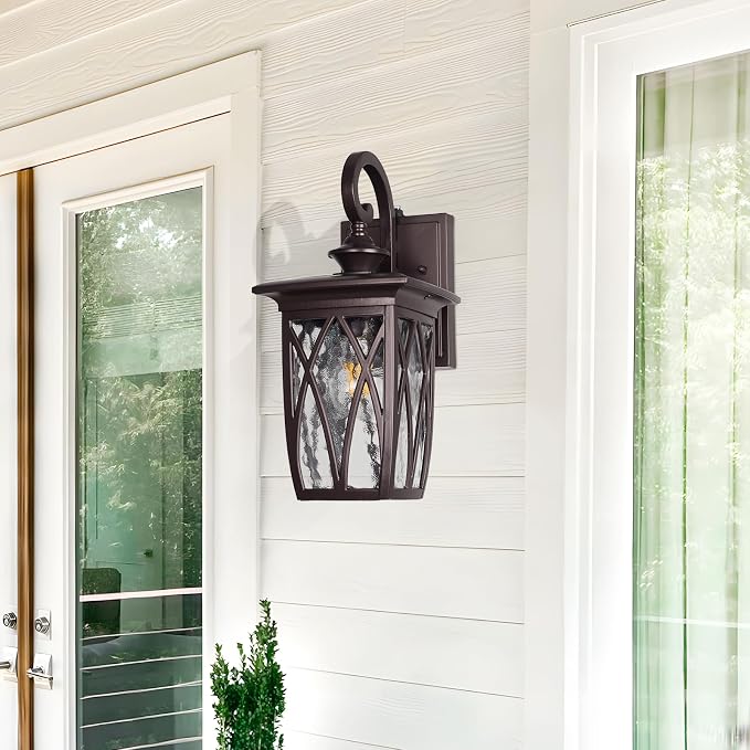Dusk to Dawn Outdoor Wall Light Fixtures,14'' Outdoor Porch Sconces Lighting , Waterproof Wall Lanterns with E26 Sockets & Water Ripple Glass, Modern Oil Rubbed Bronze Outside Lights for Patio, Garage