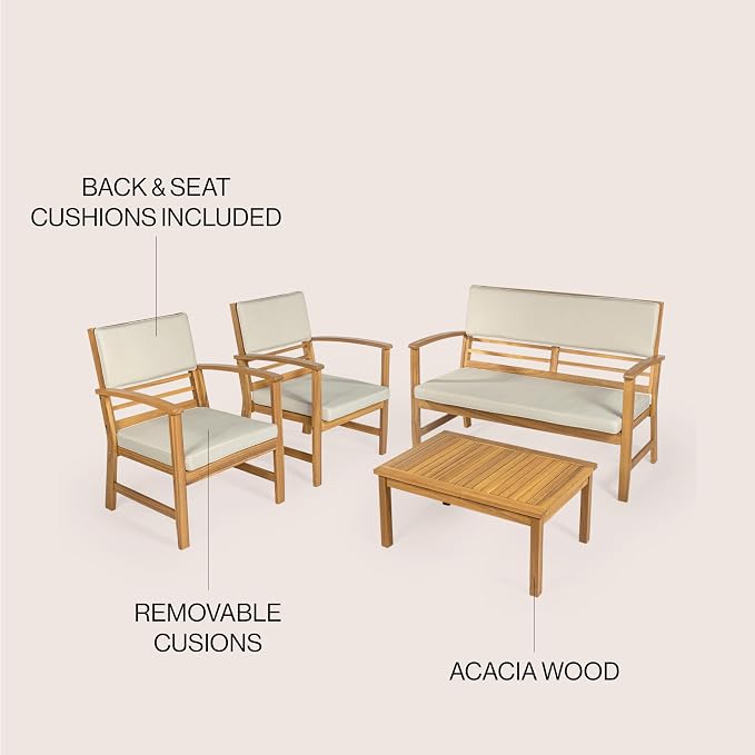 JONATHAN Y Barclay Modern 4-Piece Acacia Wood Outdoor Patio Set, Conversation Seating Group with Removable Cushions and Coffee Table for Backyard, Porch, Garden, Poolside, Teak Brown LVG1000A-4SET