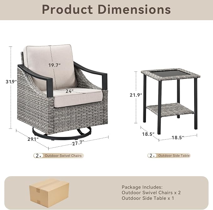 3 Pieces Wicker Patio Furniture Set-High Back Swivel Patio Chairs Set of 2 with Rattan Side Table, PE Wicker Outdoor Patio Furniture Sets with Covered Cushions for Porch Deck Garden Grey/Beige