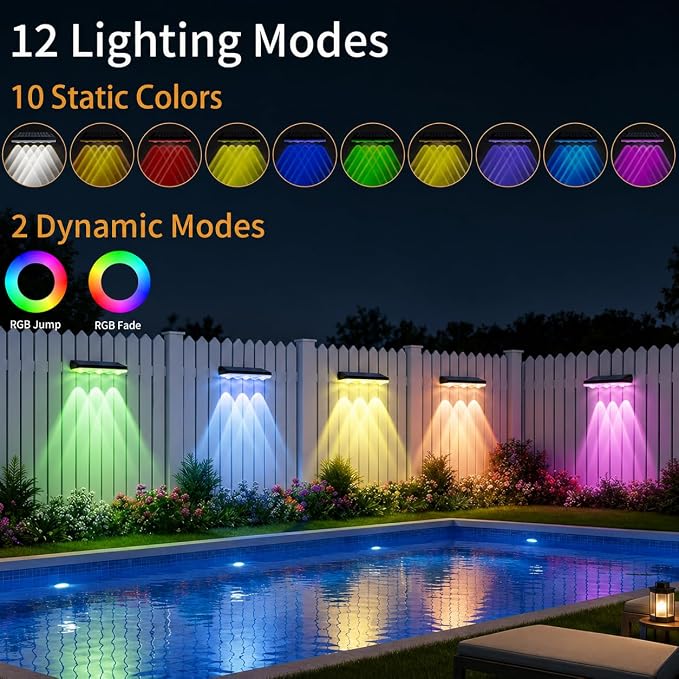 Tenmiro Solar Fence Lights Outdoor 10 Pack, 40 Modes RGB & Cold/Warm White Wall Lights with 5 Lens, IP67 Waterproof Dusk to Dawn Outside Lighs for Backyard, Patio, Yard, Pool, Deck, Railing Decor
