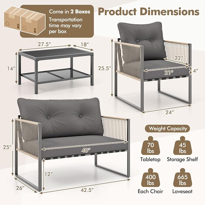 Tangkula 4 Pieces Patio Furniture Set, Outdoor PE Rattan Conversation Sofa Set with Thick Cushions and 2-Tier Tempered Glass Coffee Table for Garden, Porch, Balcony and Backyard (Grey,1)