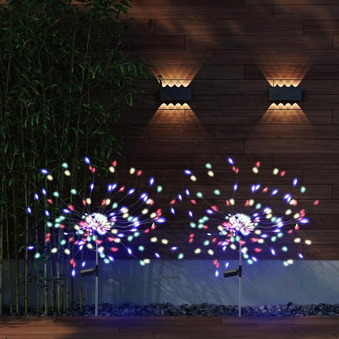 PXBNIUYA 2 Pack 175 LED Solar Firework Lights Outdoor, 4th of July 2 Modes Solar Garden Light Waterproof Twinkling Light, Starburst Lights for Landscape Path Halloween Christmas Decor （Colorful）