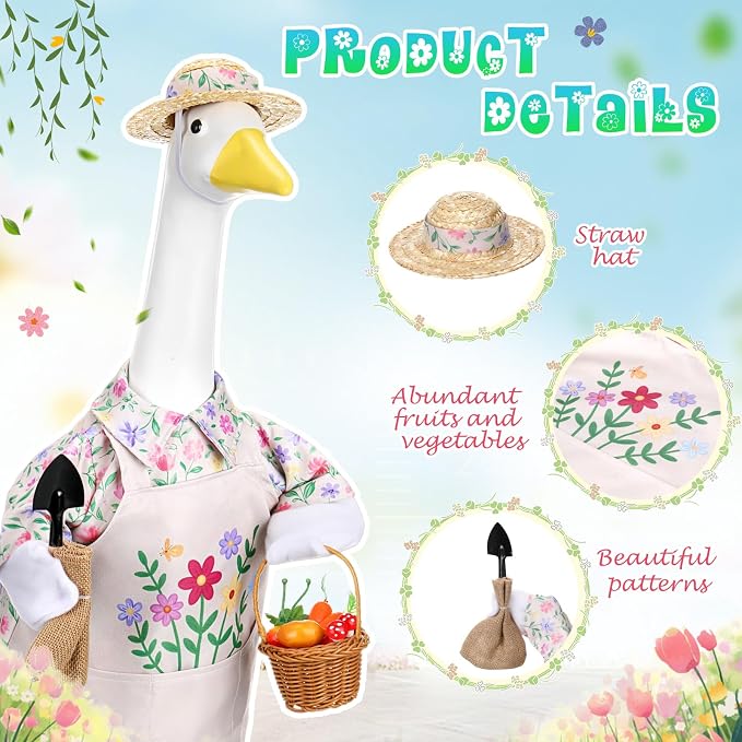 Floral Garden Porch Goose Outfits 23 Inch Geese Statue Costume with Hat Basket Shovel Goose Clothes for Spring Outdoor Garden Lawn Patio Decor
